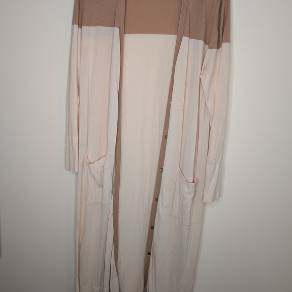 Zara Tan and Cream Long Cardigan Sweater Lightweight Knit - Picture 2 of 6